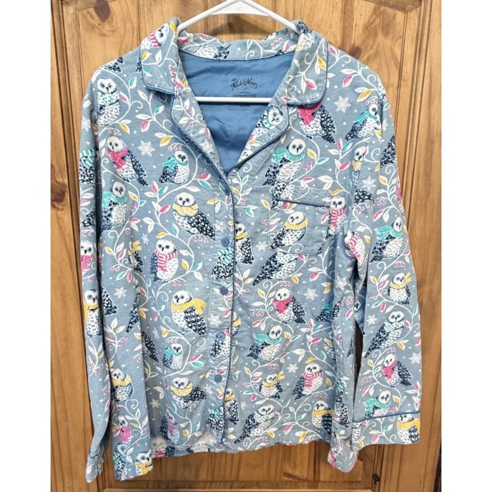 Nick & Nora Owl Pajama Top Only L Cotton Sleep Shirt Winter Cute Cozy